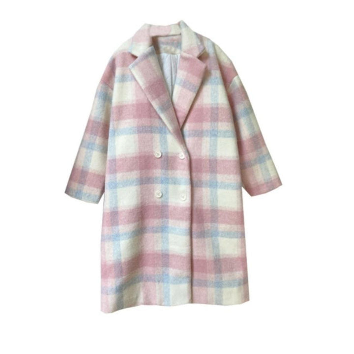 Damira - Women's Double-Breasted Coat in Pastel Check Wool Blend