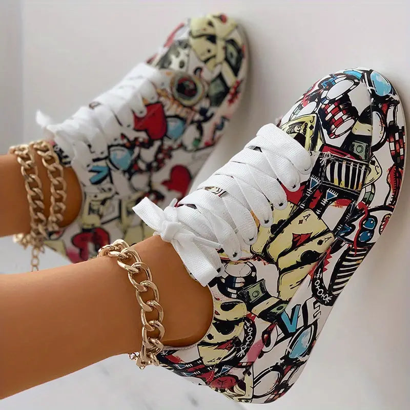 Graffiti Print Layered Sneakers for Women