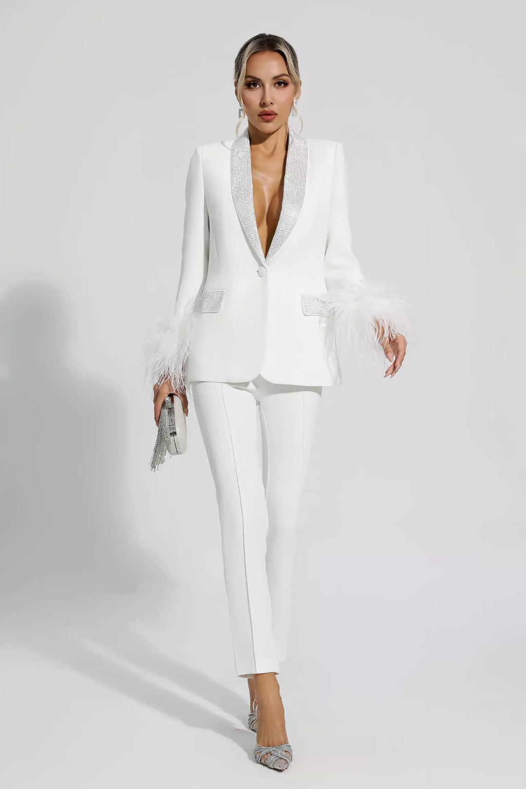 Feather-Accented Blazer Set Adorned with Diamonds