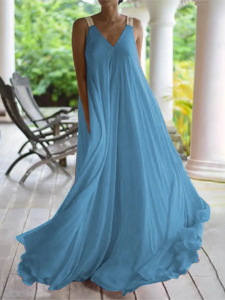 Chloë - Women's Sleeveless Bohemian Maxi Dress with V-Neck, Solid Color, Relaxed Fit for Summer