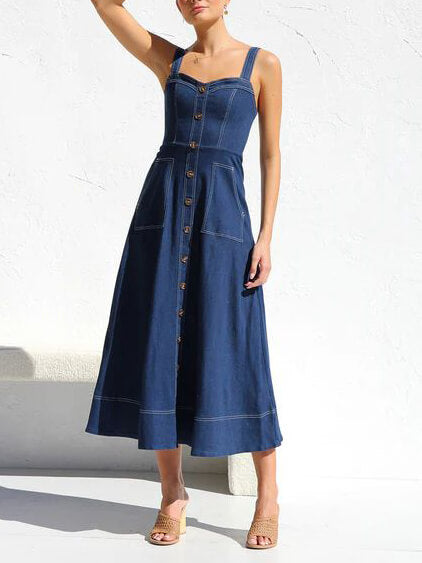 Denim-Strap Casual Midi Dress with Button-Up Front