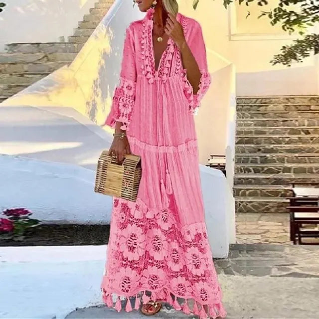 Boho Chic Lace and Fringe Maxi Dress