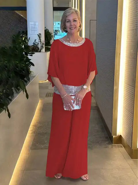 Elegant Evening Outfit: Glittering Top & Palazzo Pants