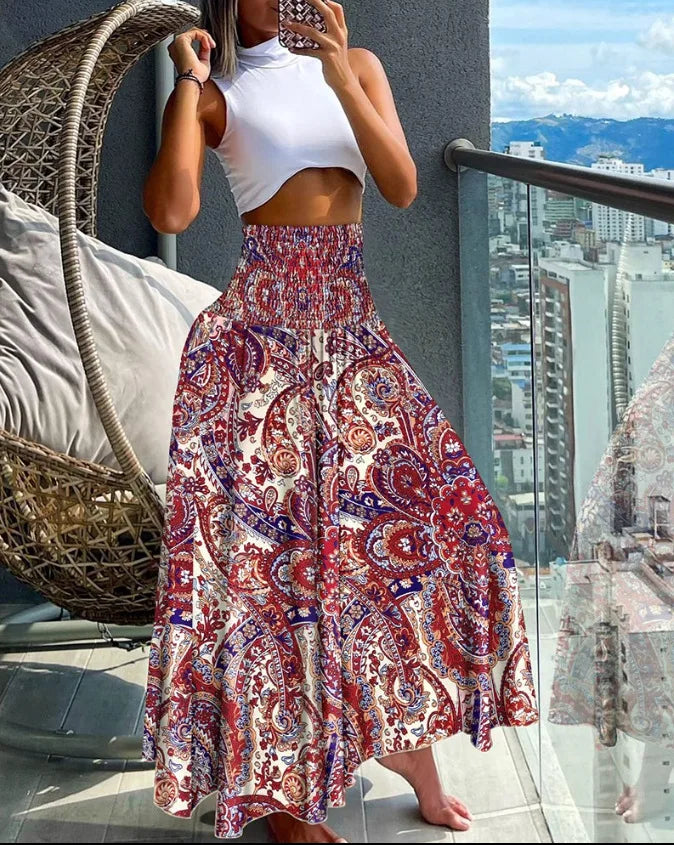 Flowy High-Waisted A-Line Skirt with Elastic Waist and Elegant Movement