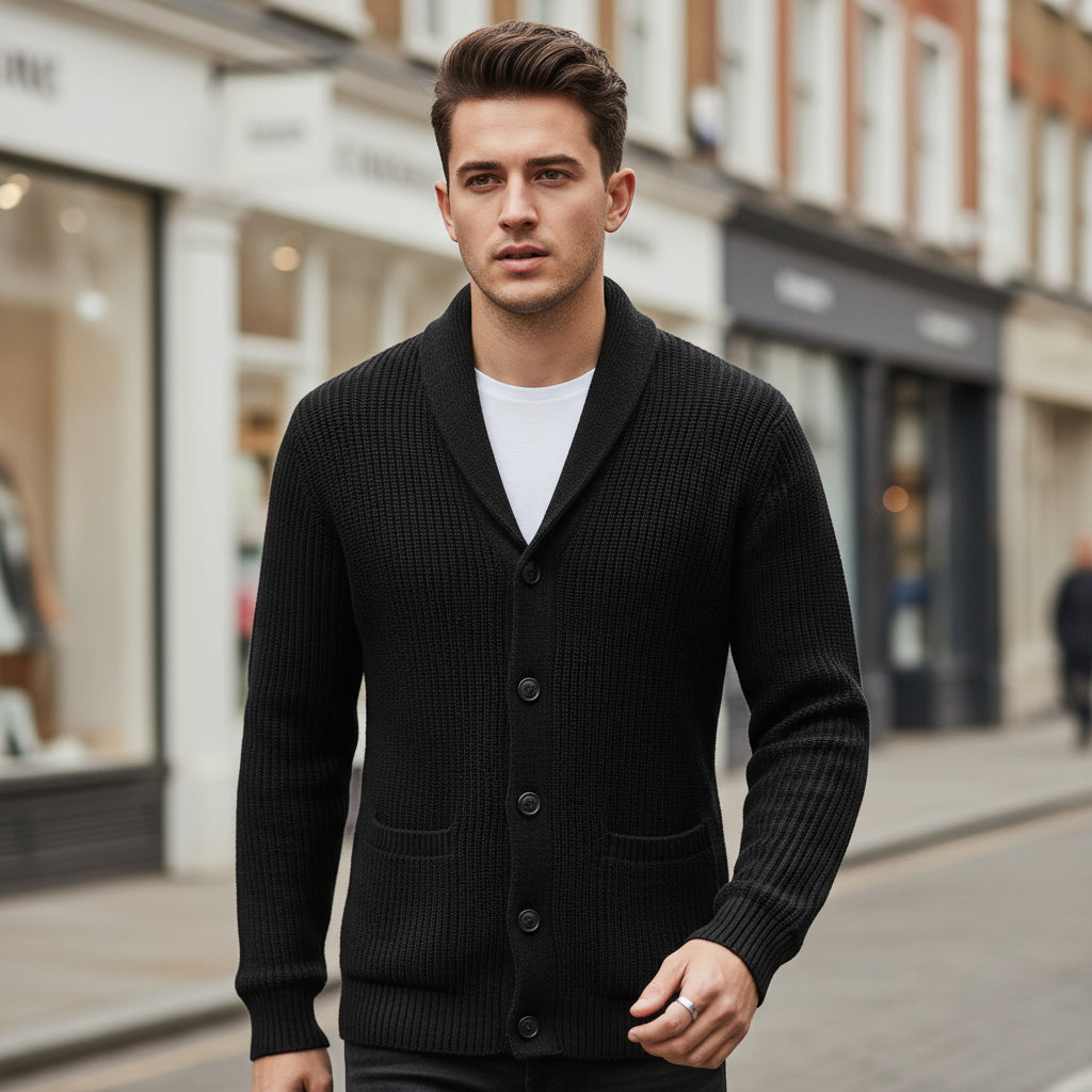 Men's Slim-Fit Cardigan | Cozy Wool with Ribbed Details