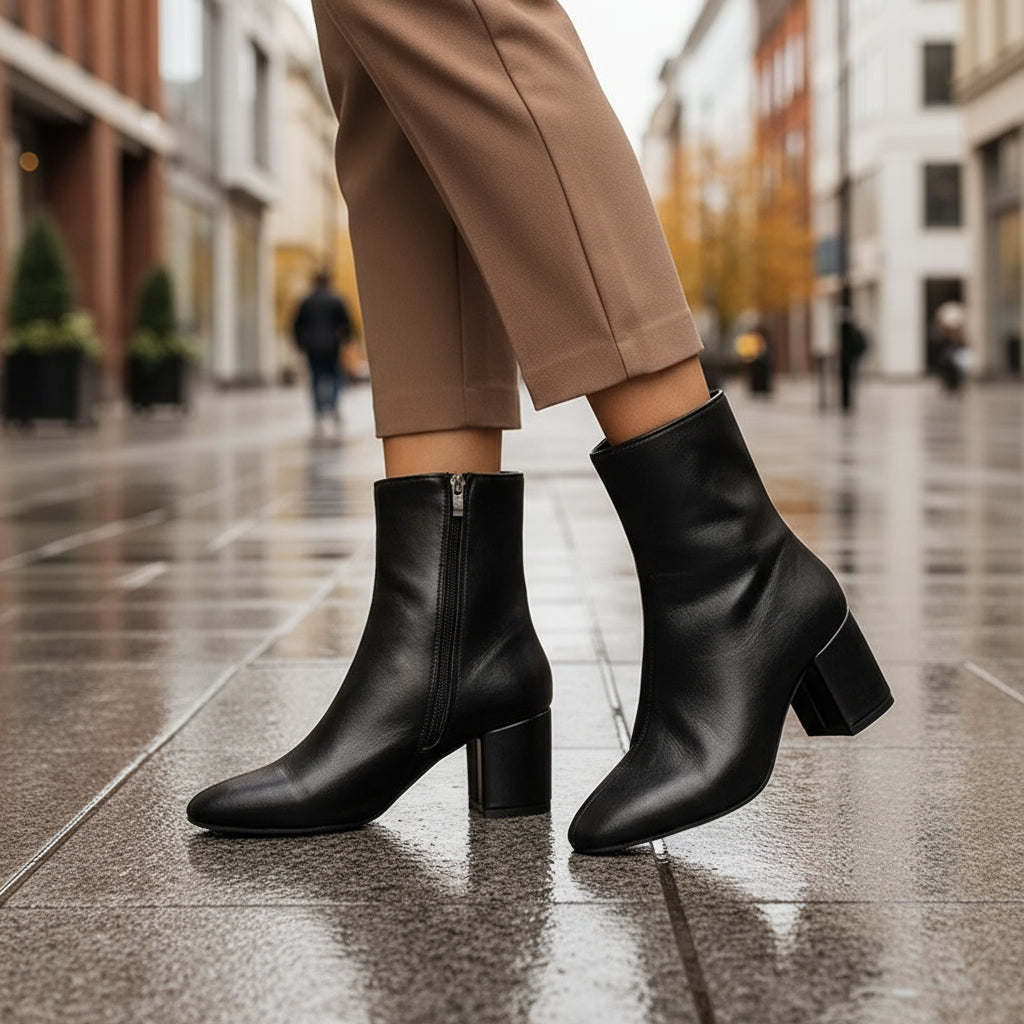 Elegant Block Heel Leather Ankle Boots for Women