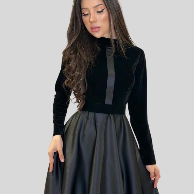 Elegant Velvet Turtleneck Dress with Flared Skirt