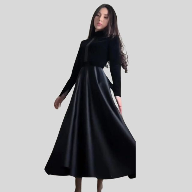 Elegant Velvet Turtleneck Dress with Flared Skirt