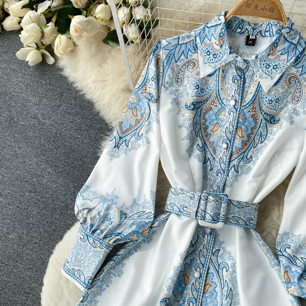 Floral Print A-Line Dress with Belted Waist