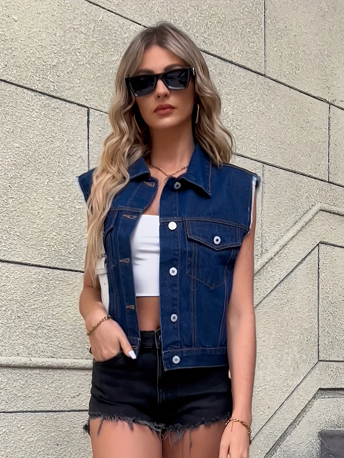 Johanna - Sleeveless Denim Jacket with Flap Pockets