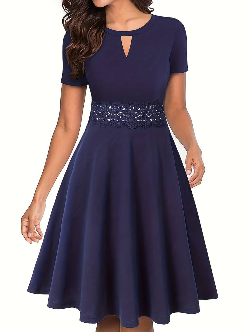 Blue Dress with Lace Accents and Tailored Waist