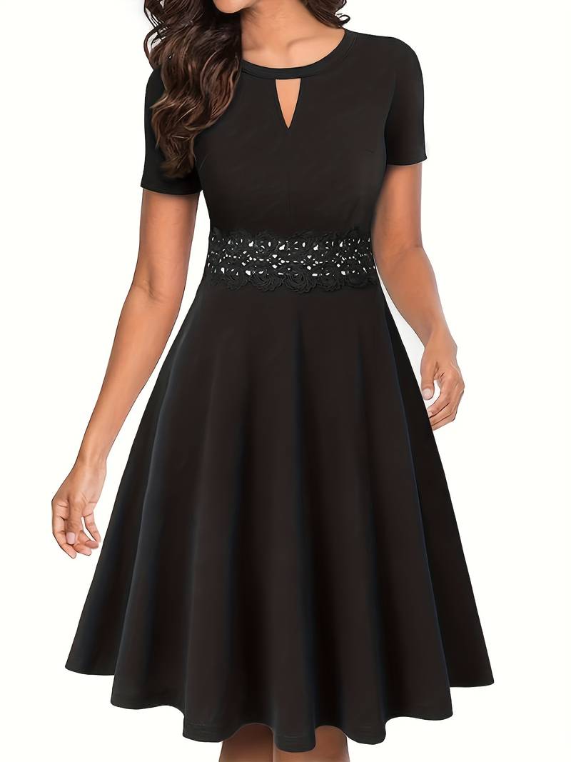 Blue Dress with Lace Accents and Tailored Waist